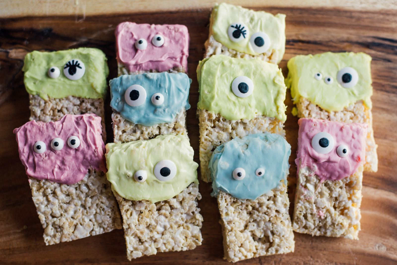 naturally dyed rice krispie treat monsters